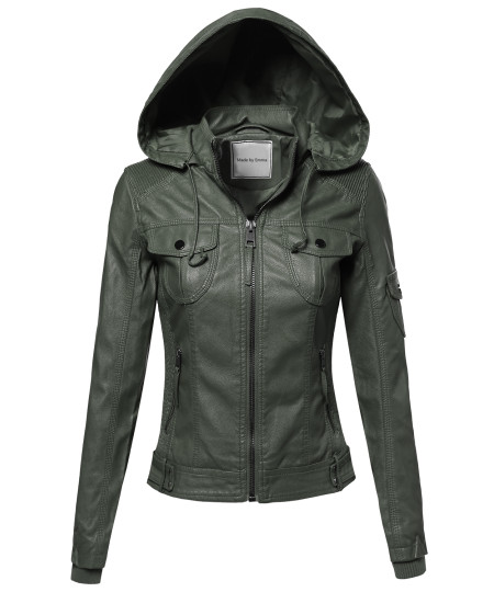 Women's Faux Leather Jacket With Detachable Hood