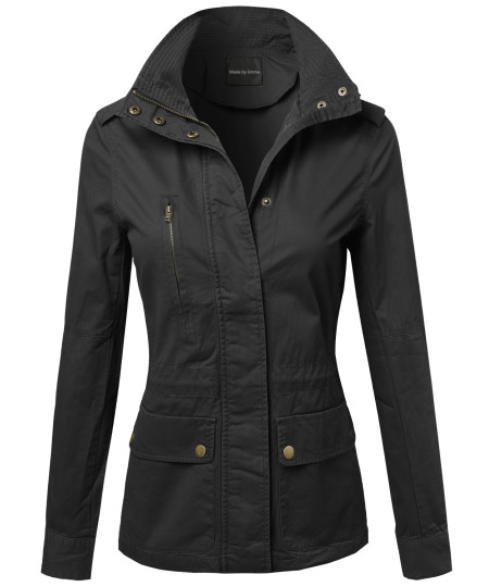 Women's Military Style Zipper Snap Button Closure Jacket