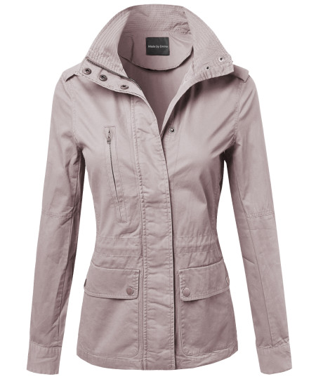 Women's Military Style Zipper Snap Button Closure Jacket