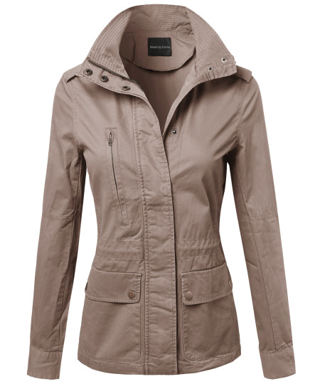 Women's Military Style Zipper Snap Button Closure Jacket