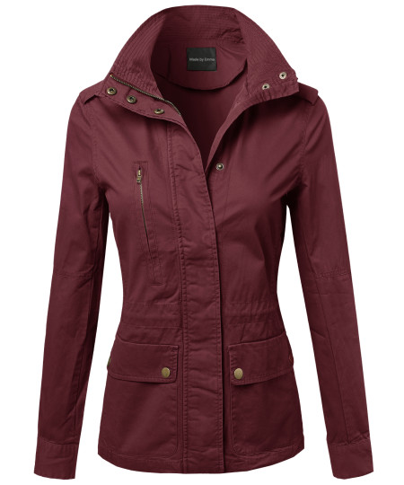 Women's Military Style Zipper Snap Button Closure Jacket