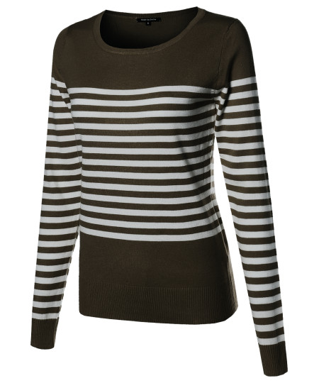 Women's Round Neck Striped Pullover Long Sleeve Top