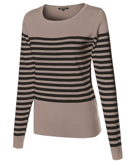 Women's Round Neck Striped Pullover Long Sleeve Top