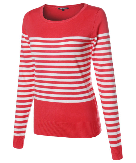 Women's Round Neck Striped Pullover Long Sleeve Top