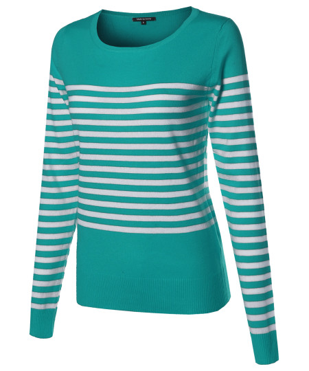 Women's Round Neck Striped Pullover Long Sleeve Top