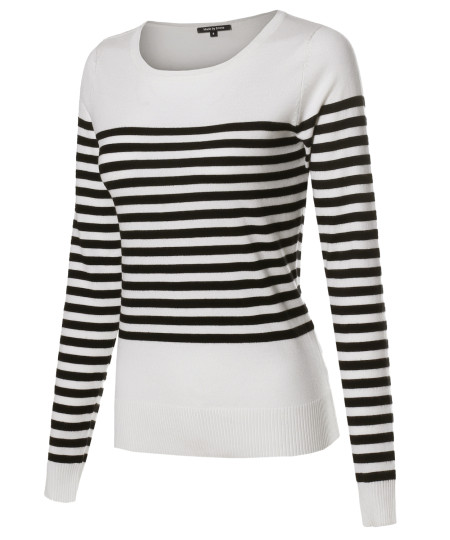 Women's Round Neck Striped Pullover Long Sleeve Top