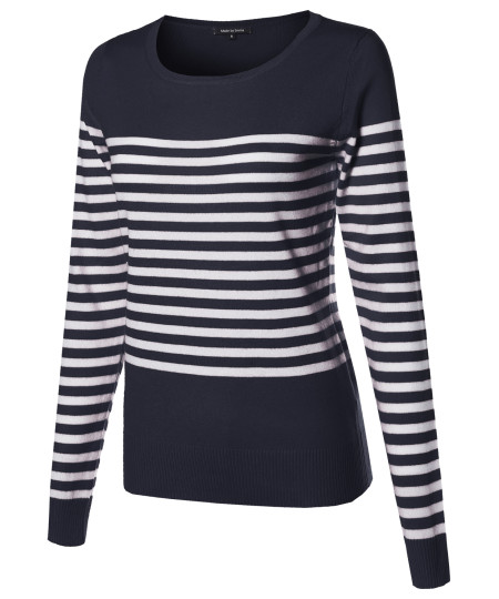 Women's Round Neck Striped Pullover Long Sleeve Top