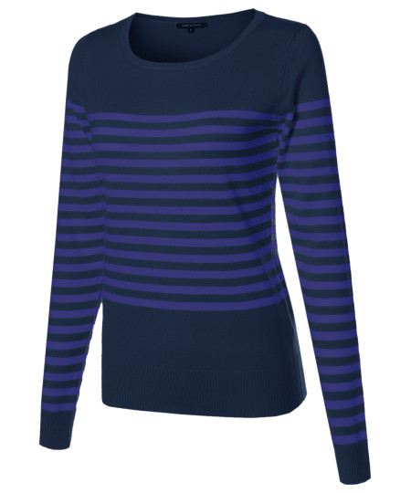 Women's Round Neck Striped Pullover Long Sleeve Top