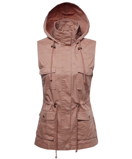 Women's Sleeveless Safari Military Hooded Vest Jacket