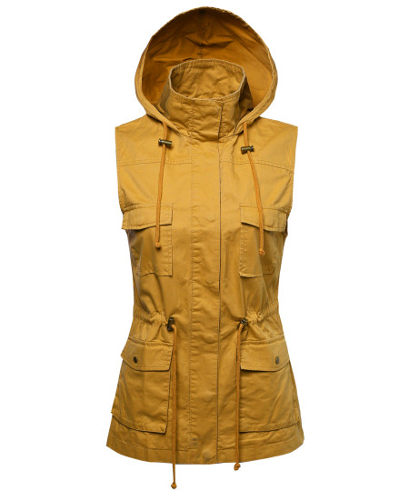 Women's Sleeveless Safari Military Hooded Vest Jacket