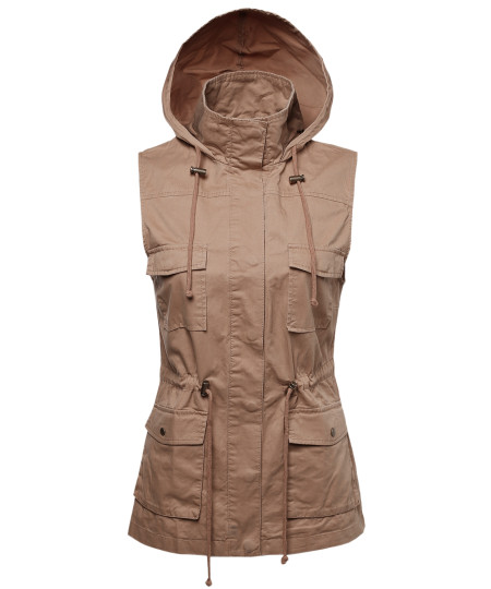 Women's Sleeveless Safari Military Hooded Vest Jacket