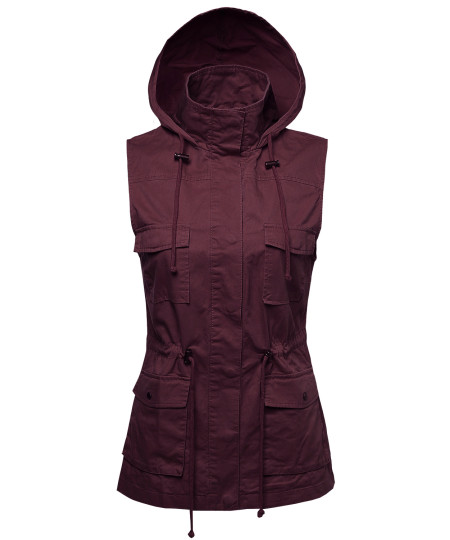 Women's Sleeveless Safari Military Hooded Vest Jacket