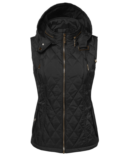 Women's Quilted Zip Up Vest With Detachable Hood