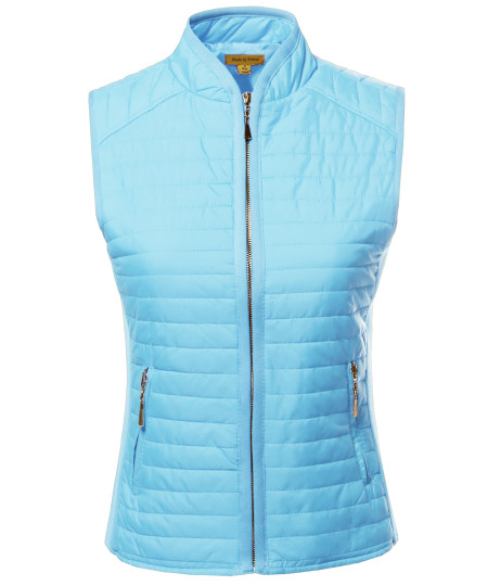 Women's Solid Basic Quilted Vest W/ Side Rib Panel Details