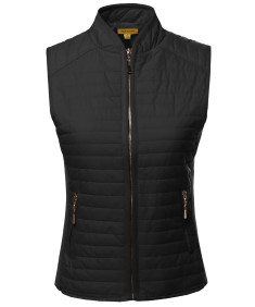 Women's Solid Basic Quilted Vest W/ Side Rib Panel Details