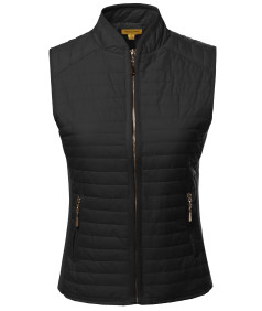 Women's Solid Basic Quilted Vest W/ Side Rib Panel Details