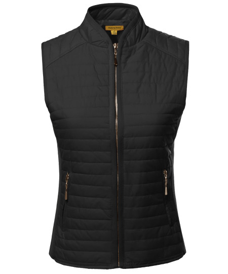 Women's Solid Basic Quilted Vest W/ Side Rib Panel Details