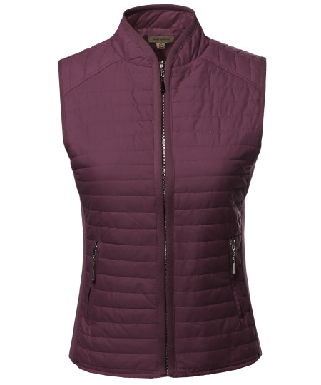 Women's Solid Basic Quilted Vest W/ Side Rib Panel Details