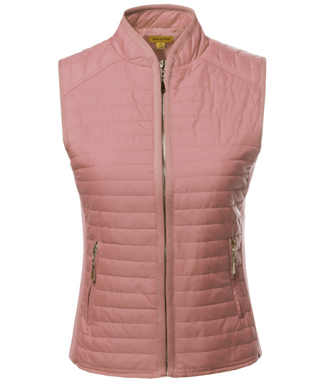 Women's Solid Basic Quilted Vest W/ Side Rib Panel Details