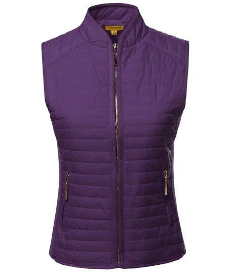 Women's Solid Basic Quilted Vest W/ Side Rib Panel Details