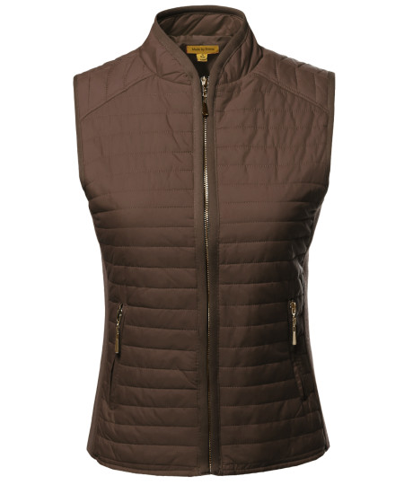 Women's Solid Basic Quilted Vest W/ Side Rib Panel Details