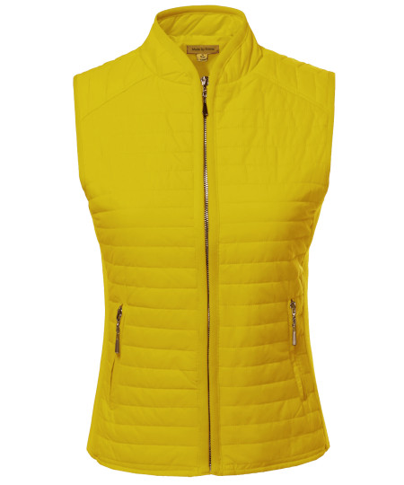 Women's Solid Basic Quilted Vest W/ Side Rib Panel Details