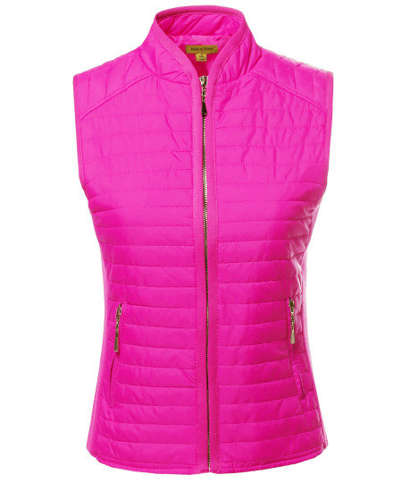 Women's Solid Basic Quilted Vest W/ Side Rib Panel Details