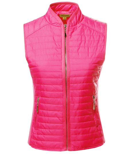 Women's Solid Basic Quilted Vest W/ Side Rib Panel Details