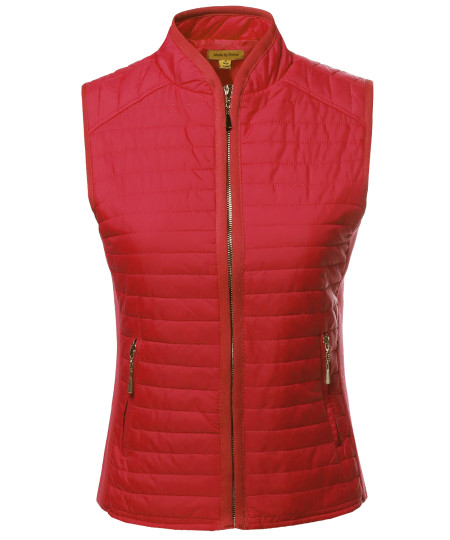 Women's Solid Basic Quilted Vest W/ Side Rib Panel Details