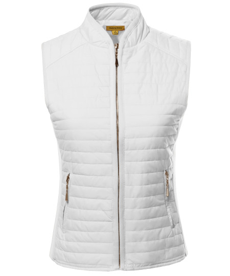 Women's Solid Basic Quilted Vest W/ Side Rib Panel Details