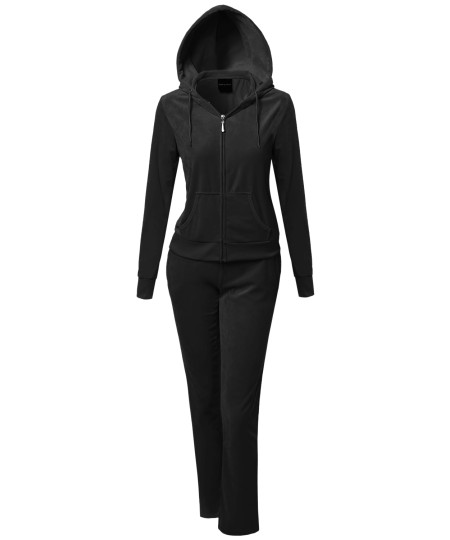 Women's Solid Soft Velour Zip-Up Hoodie Workout Sweatpants Set