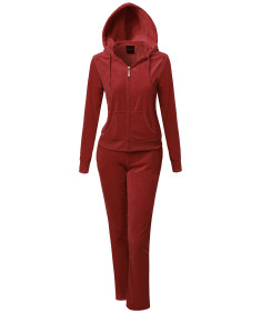 Women's Solid Soft Velour Zip-Up Hoodie Workout Sweatpants Set