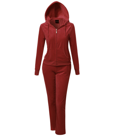 Women's Solid Soft Velour Zip-Up Hoodie Workout Sweatpants Set