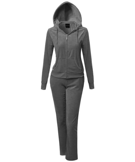 Women's Solid Soft Velour Zip-Up Hoodie Workout Sweatpants Set