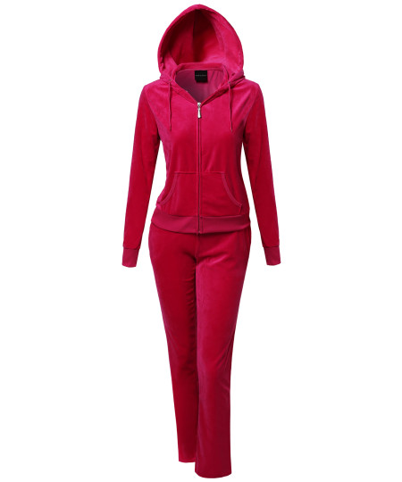 Women's Solid Soft Velour Zip-Up Hoodie Workout Sweatpants Set