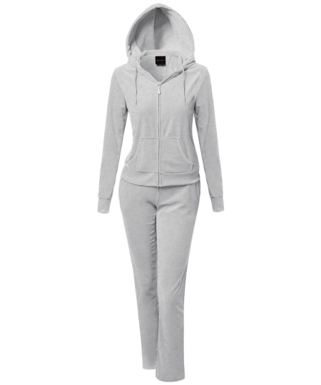 Women's Solid Soft Velour Zip-Up Hoodie Workout Sweatpants Set