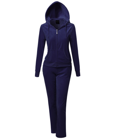 Women's Solid Soft Velour Zip-Up Hoodie Workout Sweatpants Set