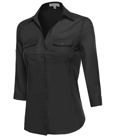 Women's Basic 3/4 Sleeve Button Up Dress Shirt w/ Side Ribbing