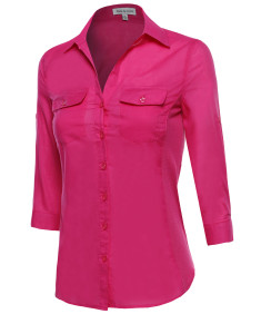 Women's Basic 3/4 Sleeve Button Up Dress Shirt w/ Side Ribbing