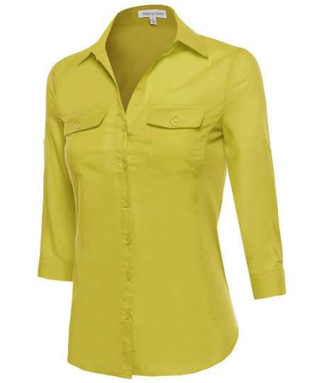 Women's Basic 3/4 Sleeve Button Up Dress Shirt w/ Side Ribbing