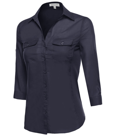 Women's Basic 3/4 Sleeve Button Up Dress Shirt w/ Side Ribbing