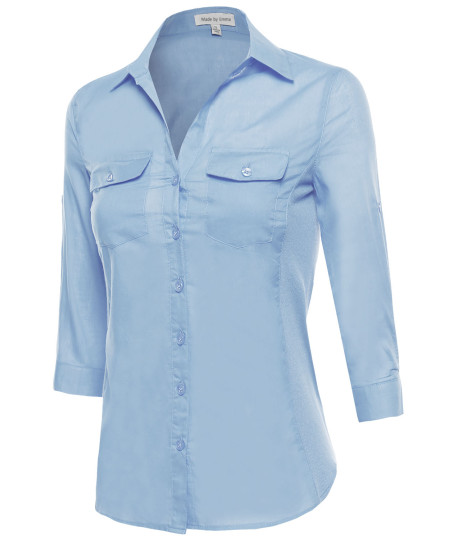 Women's Basic 3/4 Sleeve Button Up Dress Shirt w/ Side Ribbing