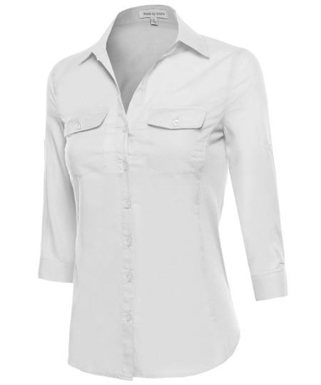 Women's Basic 3/4 Sleeve Button Up Dress Shirt w/ Side Ribbing