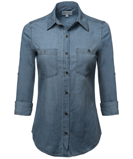 Women's Basic Classic Button Closure Roll Up Sleeves Chest Pocket Denim Chambray