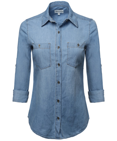 Women's Basic Classic Button Closure Roll Up Sleeves Chest Pocket Denim Chambray