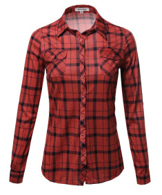 Women's Lightweight Plaid Checker Button Down Shirt Roll Up Sleeves