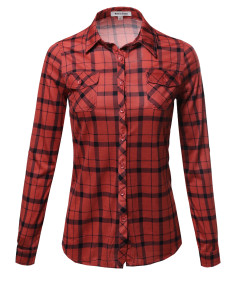 Women's Lightweight Plaid Checker Button Down Shirt Roll Up Sleeves