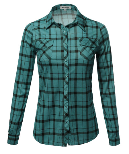 Women's Lightweight Plaid Checker Button Down Shirt Roll Up Sleeves