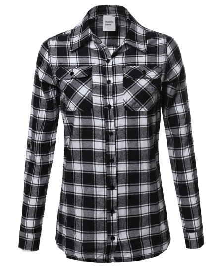 Women's Plaid Checker Button Down Shirt Roll Up Sleeves