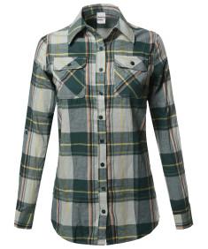 Women's Plaid Checker Button Down Shirt Roll Up Sleeves